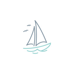 Simple Sailboat dhow boat ship on Sea Ocean Wave with line art style logo design 