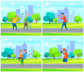 Senior people in city park vector, weekends of grandmother and grandfather with slingshot, woman and man taking selfie on nature, music box on shoulder