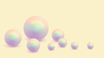 Shiny pearls on soft pink background. Luxury beautiful shining jewellery background with rose pearl. Realistic single shiny natural rainbow sea pearl with light effects. 3D render.