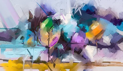Abstraktes buntes Ölgemälde auf Segeltuchbeschaffenheit. Semi-abstrakte Landschafts-, Baum- und Blumenfarbe. Ölgemälde Natur der modernen Kunst mit gelber, roter Farbe. Abstrakte zeitgenössische Kunst für den Hintergrund © nongkran_ch