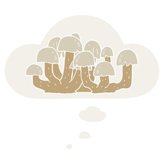 cartoon mushroom and thought bubble in retro style