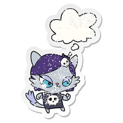 cartoon tough cat girl and thought bubble as a distressed worn sticker