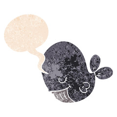 cartoon whale and speech bubble in retro textured style