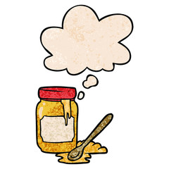 cartoon jar of honey and thought bubble in grunge texture pattern style