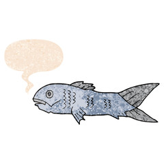 cartoon fish and speech bubble in retro textured style