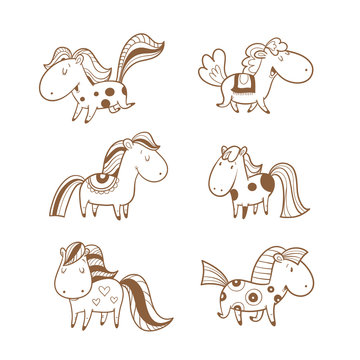 Vector set with cute cartoon  horses. Funny animals. Contour image, white fill.
