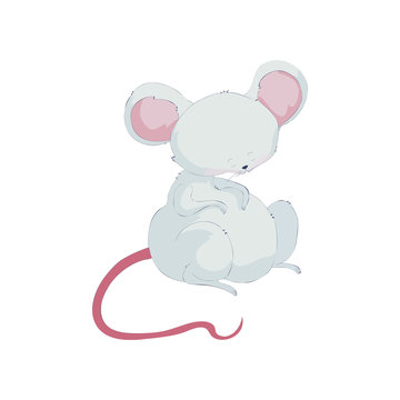Lovely cartoon mouse with a big belly. Vector illustration on white background.
