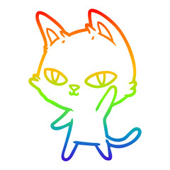 rainbow gradient line drawing cartoon cat waving