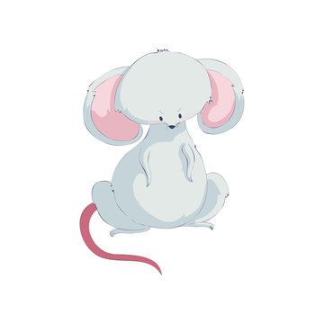 Sad cute cartoon little rat. Vector illustration on white background.