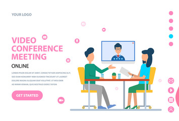Video conference meeting vector, man and woman workers of office talking on webcam with boss discussing problems of projects and development. Website or webpage template, landing page flat style