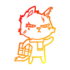 warm gradient line drawing tough cartoon cat with christmas present