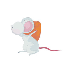 Cute cartoon rat carries a large piece of cheese. Vector illustration on white background.