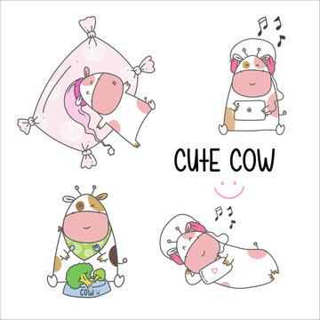 Cute cow activation hand drawn style. Cartoon illustration for kids-vector