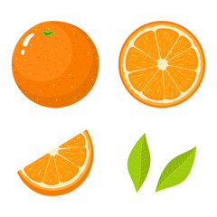 Set of fresh whole, half, cut slice and leaves orange fruit isolated on white background. Tangerine. Organic fruit. Cartoon style. Vector illustration for any design. - 276272922