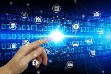 Finger touch with virtual cloud computing icon over the Network connection, Cyber Security Data Protection Business Technology Privacy concept