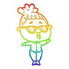 rainbow gradient line drawing cartoon happy woman wearing spectacles