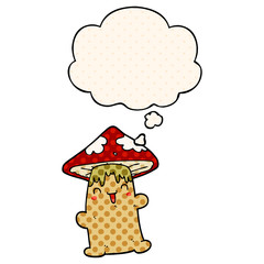 cartoon mushroom character and thought bubble in comic book style