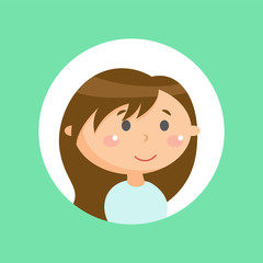 Laughing girl, emotion of teenager, kid portrait view in round icon on green, smiling child in casual clothes, little character flat design style vector