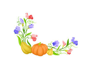 Lower left corner is decorated with flowers and pumpkins. Vector illustration on white background.