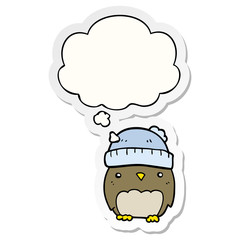 cute cartoon owl in hat and thought bubble as a printed sticker