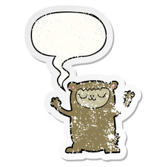 cute cartoon bear and speech bubble distressed sticker