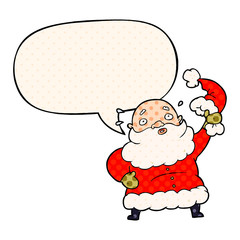 cartoon santa claus waving his hat and speech bubble in comic book style