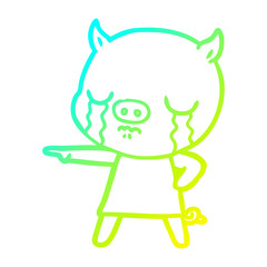 cold gradient line drawing cartoon pig crying pointing