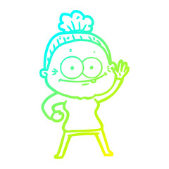 cold gradient line drawing cartoon happy old woman