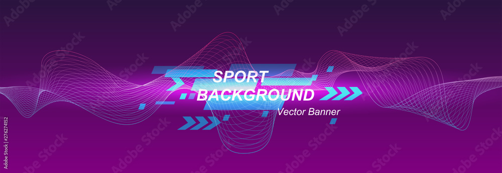 Poster Dynamic sport poster. Abstract colorful art with amplitude wave and text with dynamic lines. Modern science and technology background with line design. Vector illustration. Colorful trendy poster