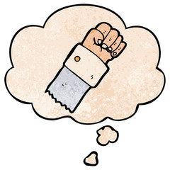 cartoon raised fist and thought bubble in grunge texture pattern style