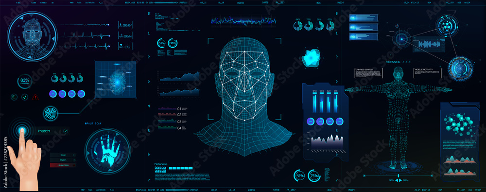 Poster Hi-tech Biometric Identification and recognition system of person. Full scan and person authentication(Fingerprints, Palm, Voice, Face and body with temperature indicators and BPM heart).  Ai scan