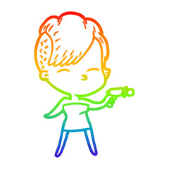 rainbow gradient line drawing cartoon squinting girl pointing ray gun