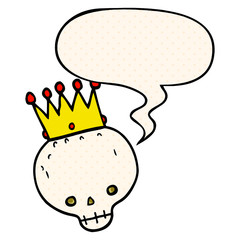 cartoon skull and crown and speech bubble in comic book style