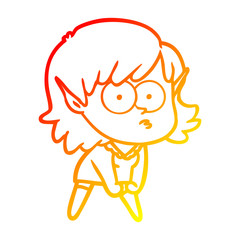 warm gradient line drawing cartoon elf girl staring and crouching