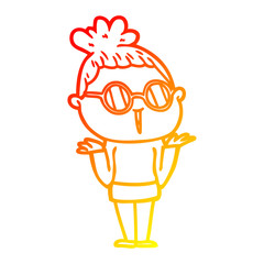 warm gradient line drawing cartoon shrugging woman wearing spectacles