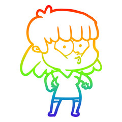 rainbow gradient line drawing cartoon whistling girl