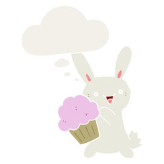 cute cartoon rabbit with muffin and thought bubble in retro style
