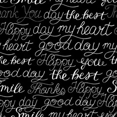 Seamless pattern with hand-lettering words Smile, Happy, Day, My heart, The best, Thank you