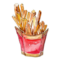 Fast food french fries. Watercolor background illustration set. Isolated snack illustration element.