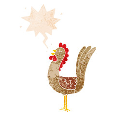 cartoon rooster and speech bubble in retro textured style
