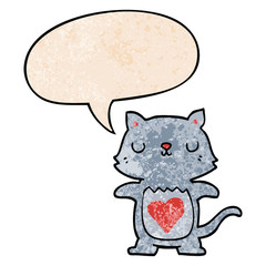 cute cartoon cat and speech bubble in retro texture style