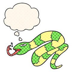 cartoon hissing snake and thought bubble in comic book style