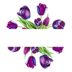Beautiful black tulips text frame. Floral collection. Marker drawing. Watercolor painting. Flower composition of design elements. Greeting card. Painted background. Hand drawn illustration.