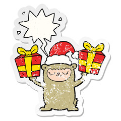cartoon christmas bear and speech bubble distressed sticker