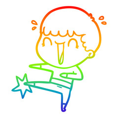 rainbow gradient line drawing laughing cartoon man karate kicking