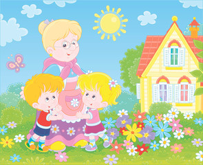 Granny and her little grandchildren smiling and hugging among colorful flowers on a green lawn in front of a village house on a sunny summer day, vector illustration in a cartoon style