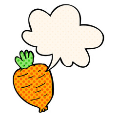 cartoon root vegetable and speech bubble in comic book style