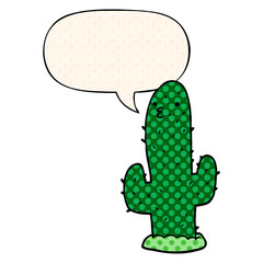cartoon cactus and speech bubble in comic book style