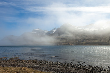 Foggy multicolored spring landscape of Iceland