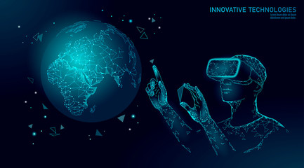 Science ecology planet Earth concept. VR headset holographic projection virtual reality glasses. Futuristic research save nature terraforming analysis architect data analysis vector illustration